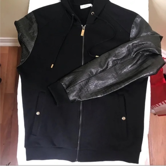 Versace Collection Hoodie Jacket Leather Cotton Sleeves Zip Up Hood Coat Logo MS - Picture 7 of 16